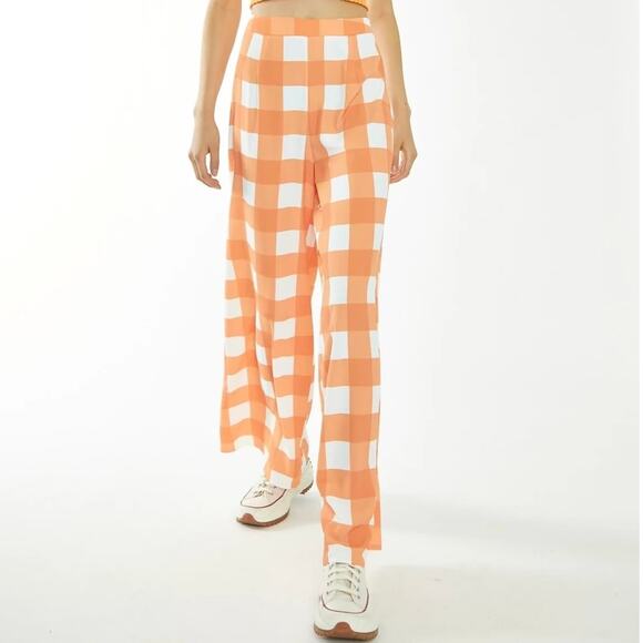 Forever 21 Pants - Forever 21 Pants Womens M Orange White Checkered Gingham Plaid Wide Leg Picnic
